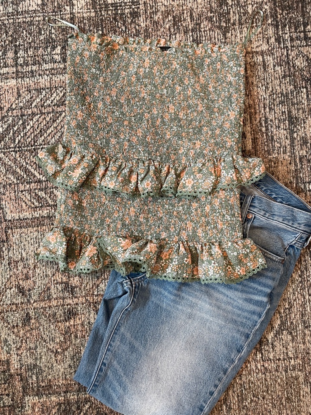 Woven Pink Floral Smocked Tube Top Large Strapless Boho